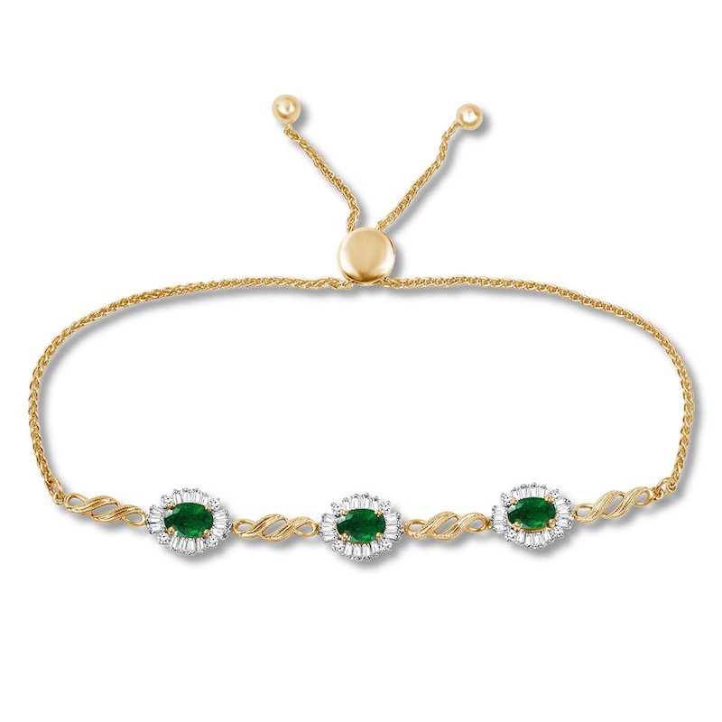 Natural Emerald Bolo Bracelet 3/8 cttw Diamonds 14K Yellow Gold