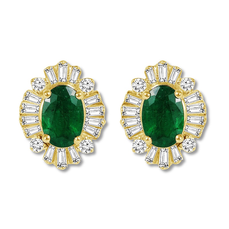Natural Emerald Earrings 1/4 ct tw Diamonds 14K Yellow Gold
