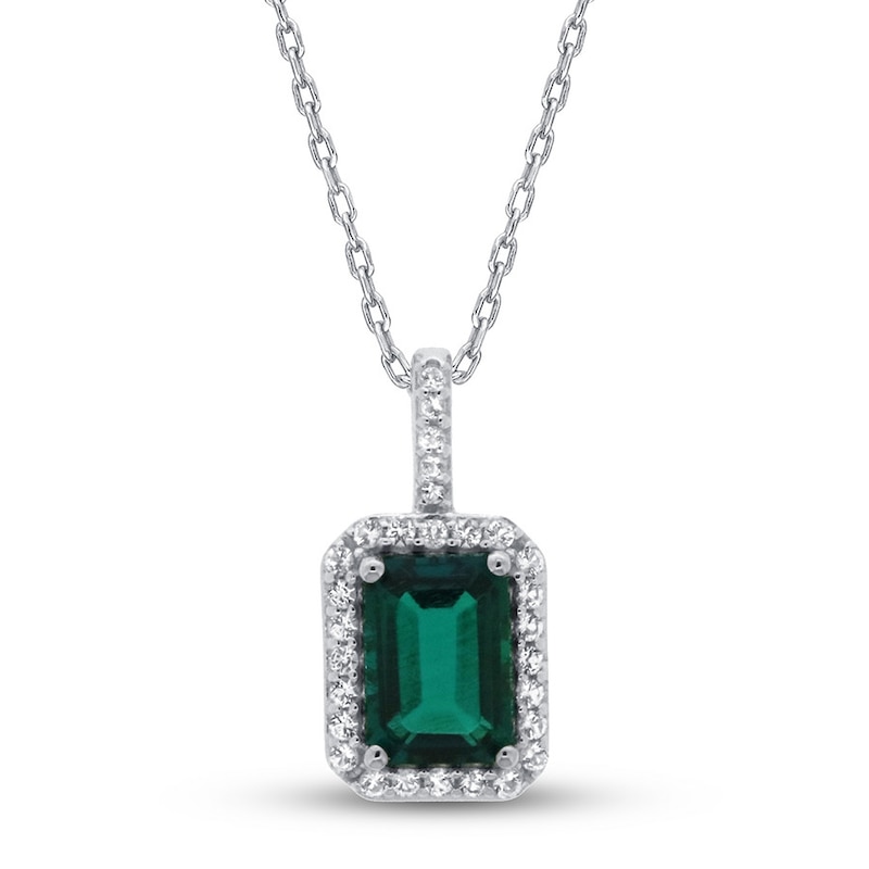 Main Image 1 of Lab-Created Emerald & White Topaz Necklace 10K White Gold