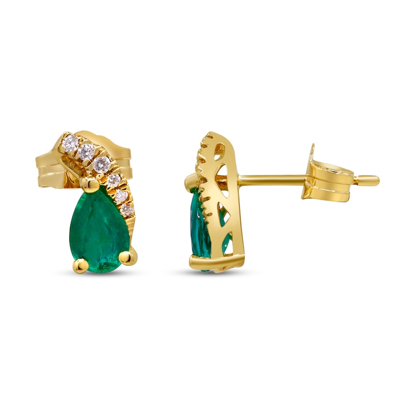 Main Image 1 of Natural Emerald Earrings 1/20 ct tw Diamonds 10K Yellow Gold