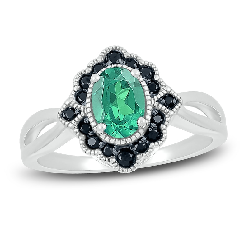 Main Image 1 of Lab-Created Emerald & Natural Black Spinel Ring Sterling Silver