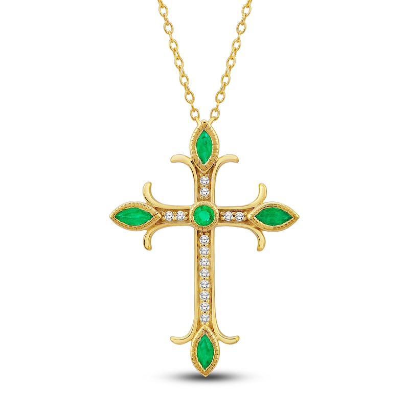 Main Image 1 of Natural Emerald Cross Pendant Necklace 1/10 ct tw Diamonds 14K Yellow Gold