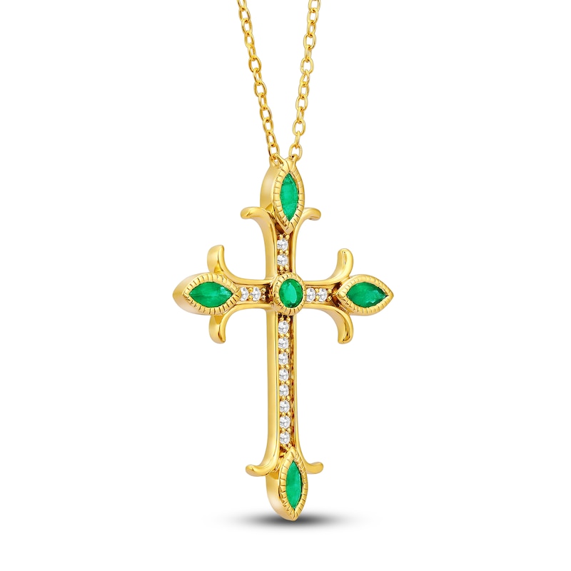 Main Image 2 of Natural Emerald Cross Pendant Necklace 1/10 ct tw Diamonds 14K Yellow Gold