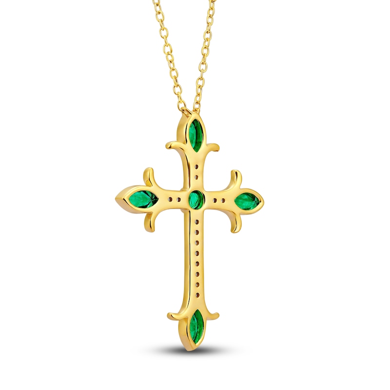 Main Image 4 of Natural Emerald Cross Pendant Necklace 1/10 ct tw Diamonds 14K Yellow Gold