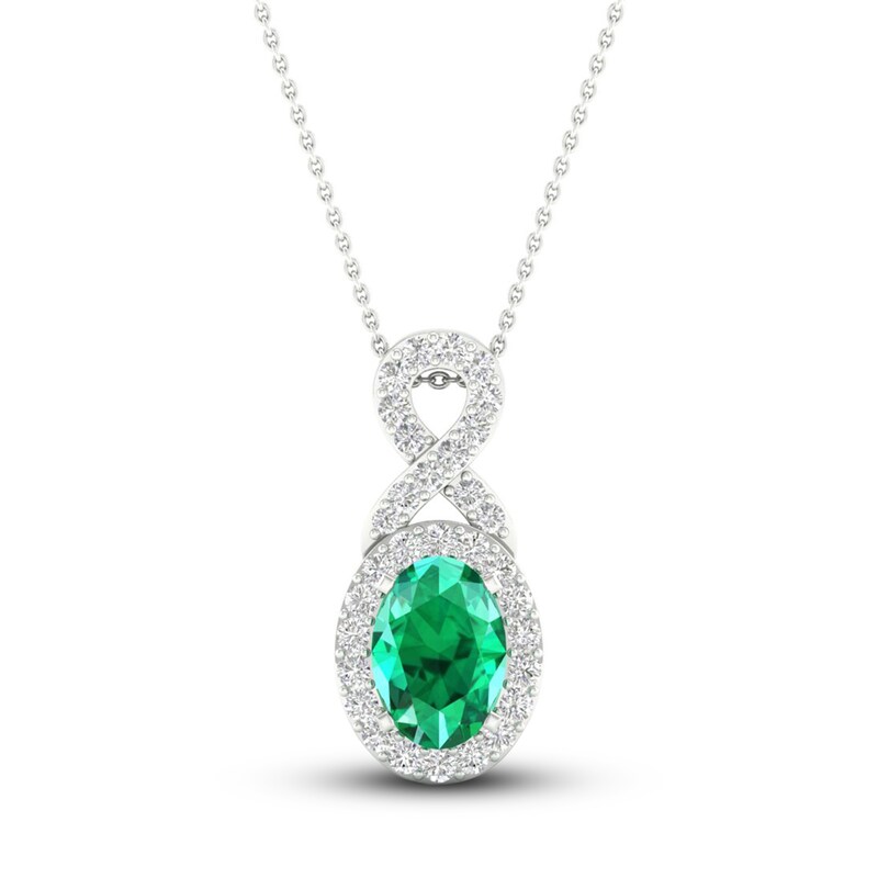 Main Image 1 of Lab-Created Emerald & White Lab-Created Sapphire Necklace 10K White Gold 18"
