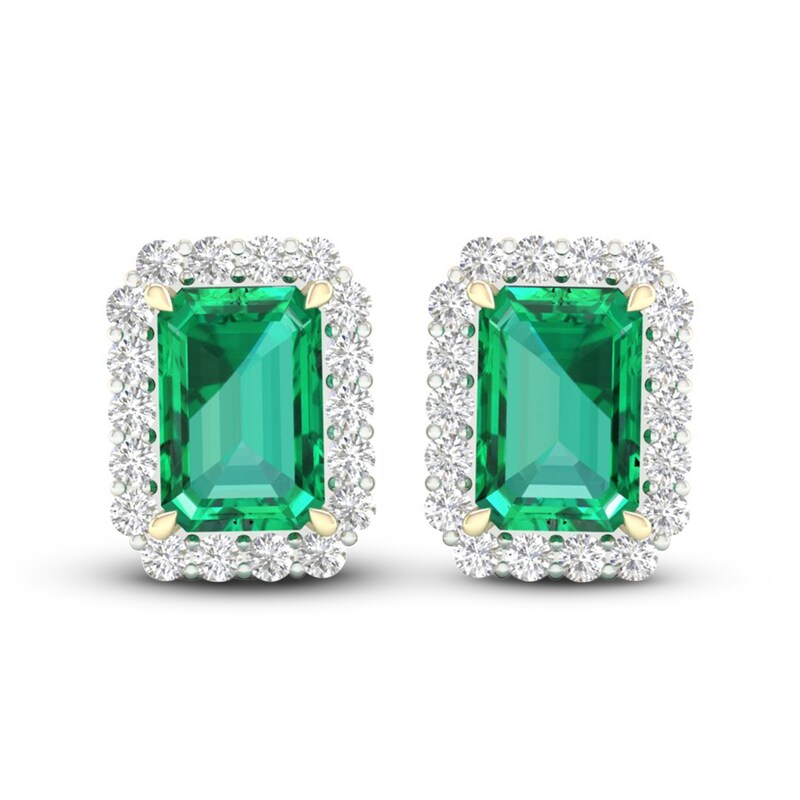 Lab-Created Emerald & Lab-Created White Sapphire Stud Earrings 10K Yellow Gold