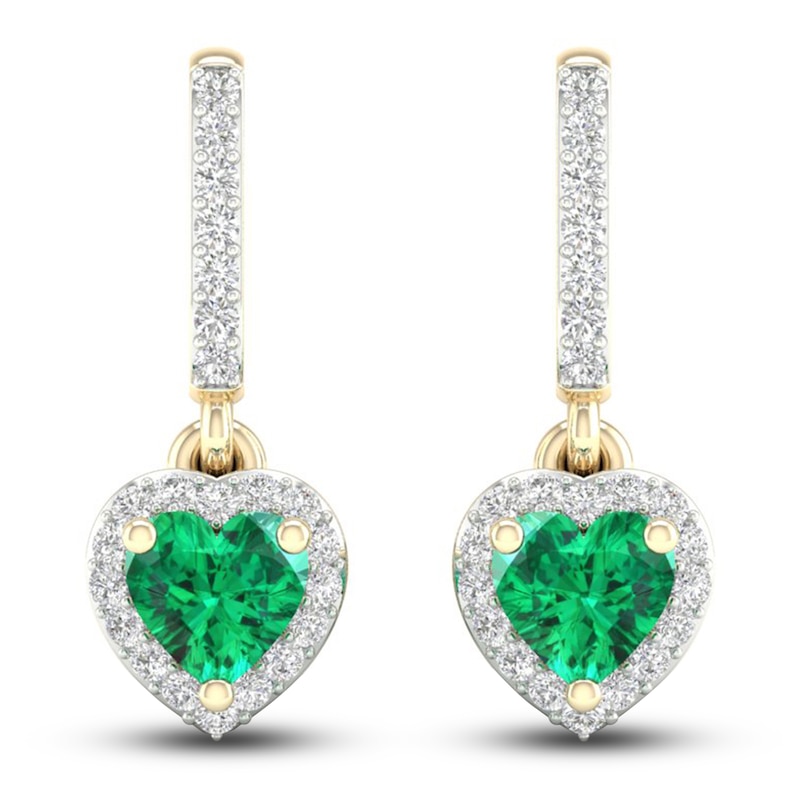 Main Image 1 of Natural Emerald Dangle Earrings 1/8 ct tw Diamonds 14K Yellow Gold