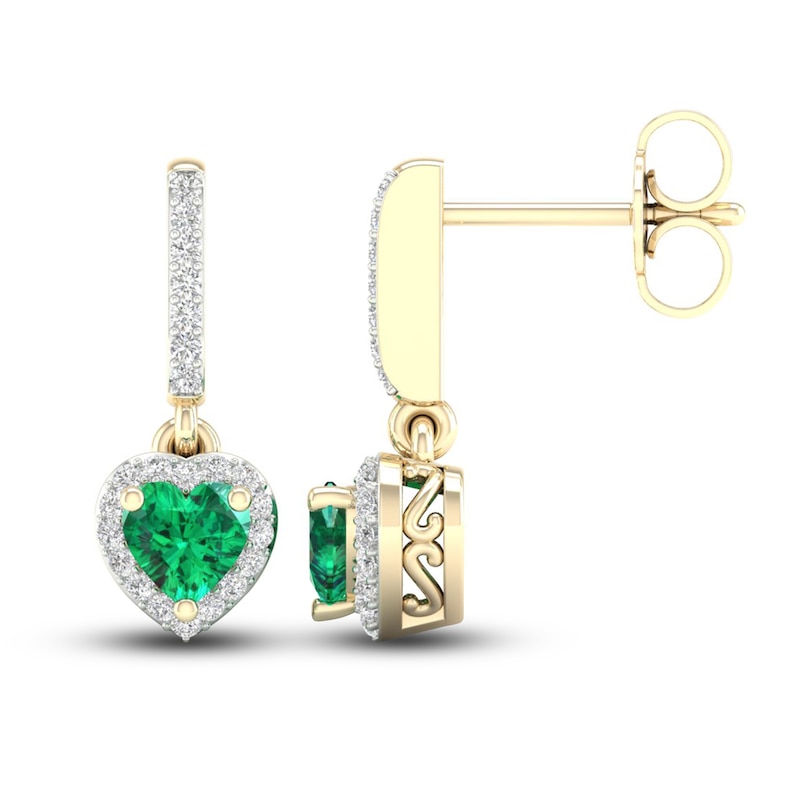 Main Image 2 of Natural Emerald Dangle Earrings 1/8 ct tw Diamonds 14K Yellow Gold