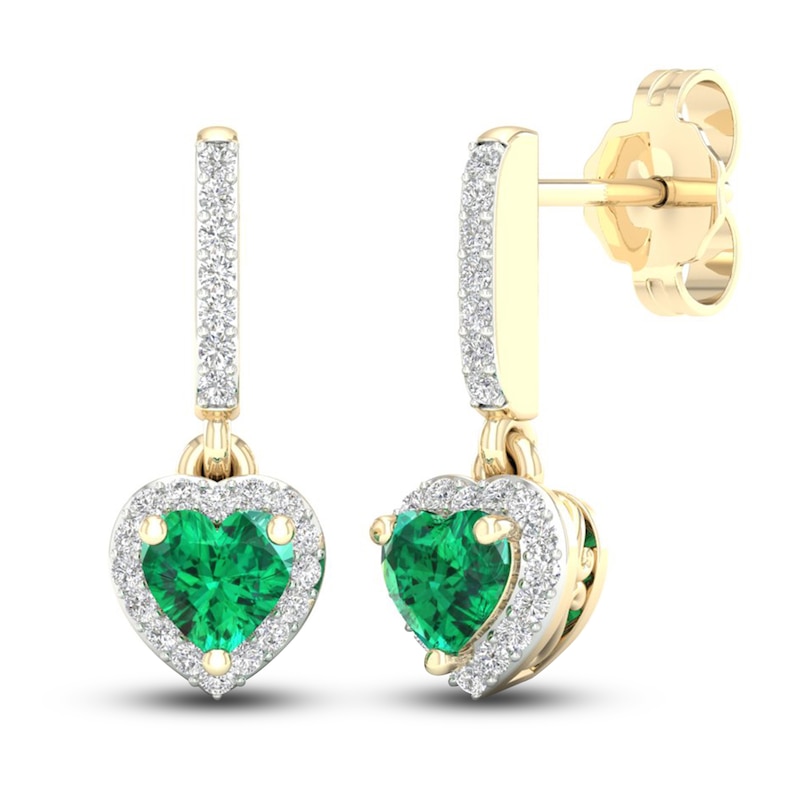 Main Image 3 of Natural Emerald Dangle Earrings 1/8 ct tw Diamonds 14K Yellow Gold