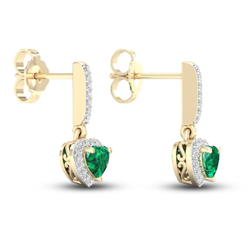 Main Image 4 of Natural Emerald Dangle Earrings 1/8 ct tw Diamonds 14K Yellow Gold