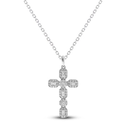 Diamond Cross Pendant Necklace 3/4 ct tw Round/Baguette 14K White Gold 18"