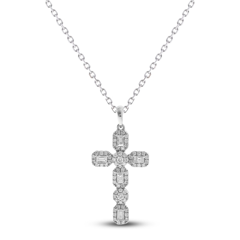 Main Image 1 of Diamond Cross Pendant Necklace 3/4 ct tw Round/Baguette 14K White Gold 18"