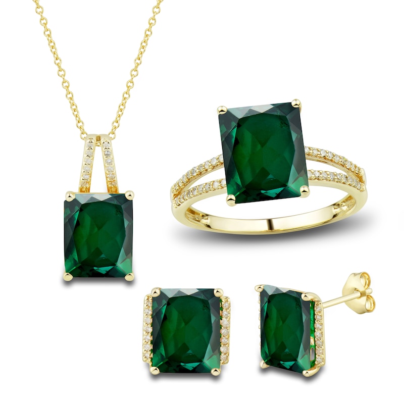 Lab-Created Emerald Ring, Earring & Necklace Set 1/5 ct tw Diamonds 10K Yellow Gold