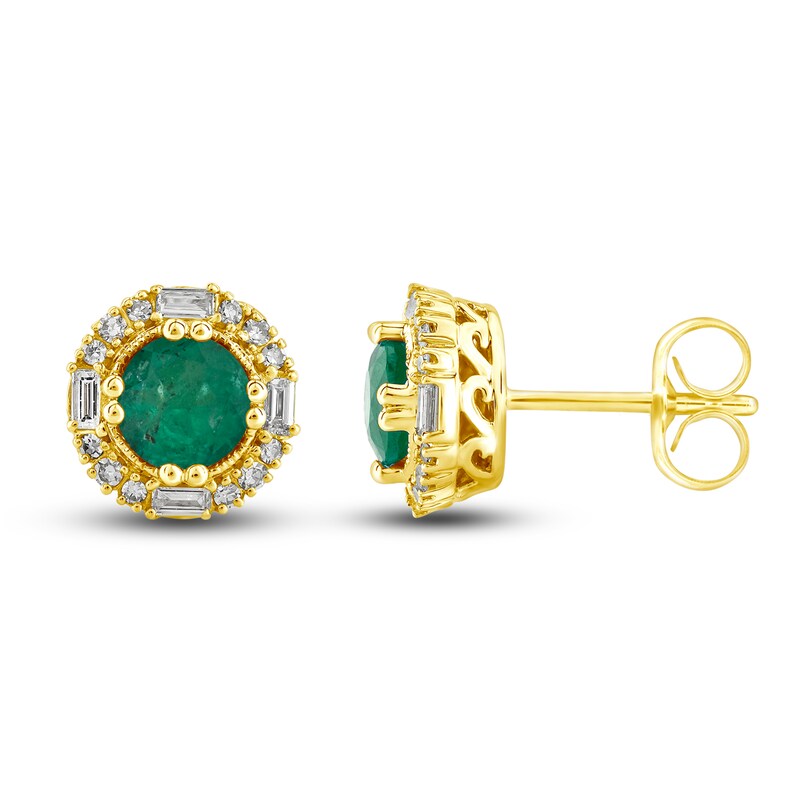 Main Image 2 of Natural Emerald Stud Earrings 1/4 ct tw Diamonds 14K Yellow Gold