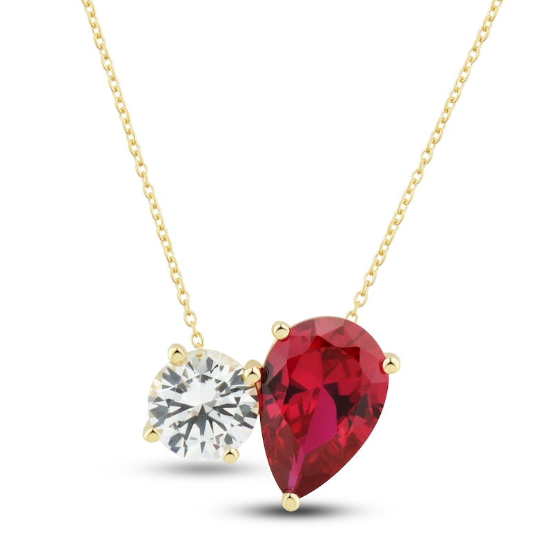White Lab-Created Sapphire & Lab-Created Ruby Pendant Necklace 10K Yellow Gold 18"