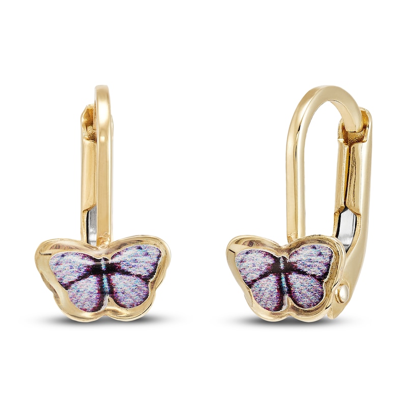 Butterfly Stud Earrings Purple Enamel 14K Yellow Gold