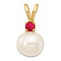 Natural Ruby & Freshwater Cultured Pearl Necklace Charm 14K Yellow Gold