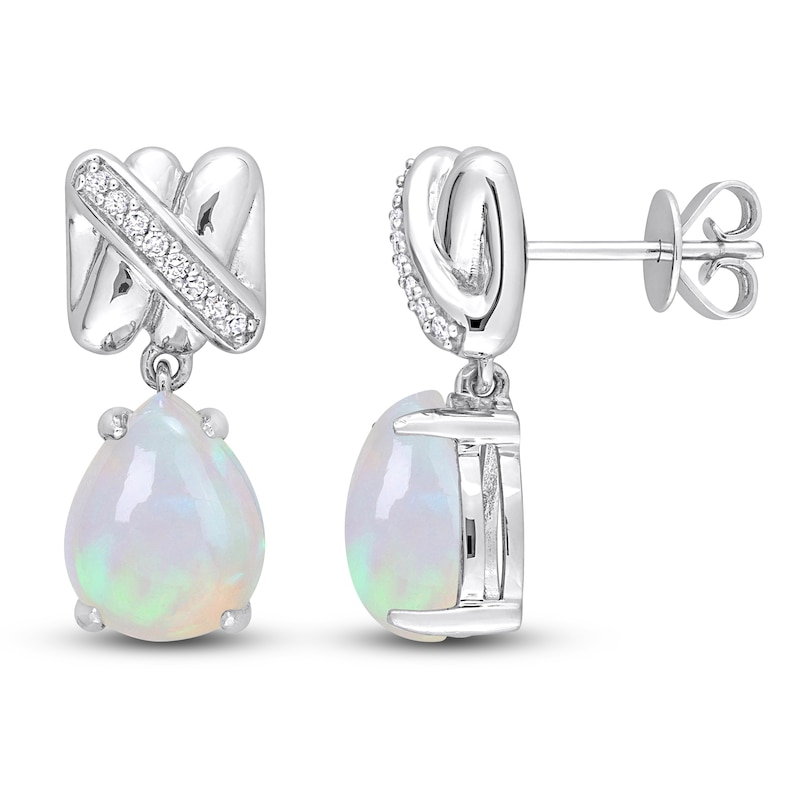 Main Image 1 of Y-Knot Natural Opal Dangle Earrings 1/15 ct tw Diamonds 14K White Gold