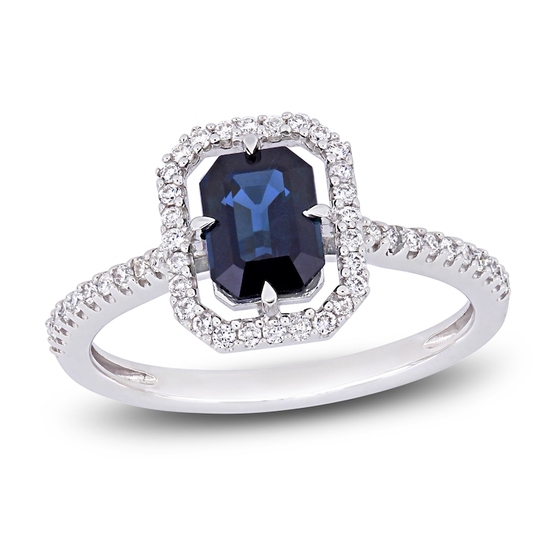Main Image 1 of Natural Blue Sapphire Halo Engagement Ring 1/4 ct tw Diamonds 14K White Gold