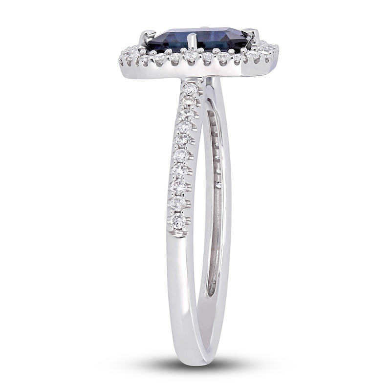 Natural Blue Sapphire Halo Engagement Ring 1/4 ct tw Diamonds 14K White Gold
