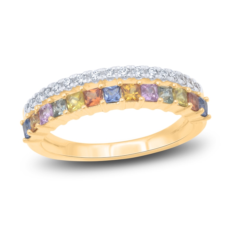 Natural Multi-Colored Sapphire Ring 1/6 ct tw Diamonds 14K Yellow Gold