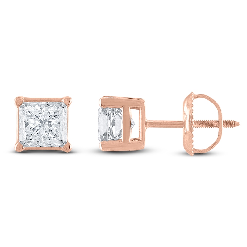 Main Image 1 of Certified Princess-Cut Diamond Solitaire Stud Earrings 3/4 ct tw 14K Rose Gold (I/I1)