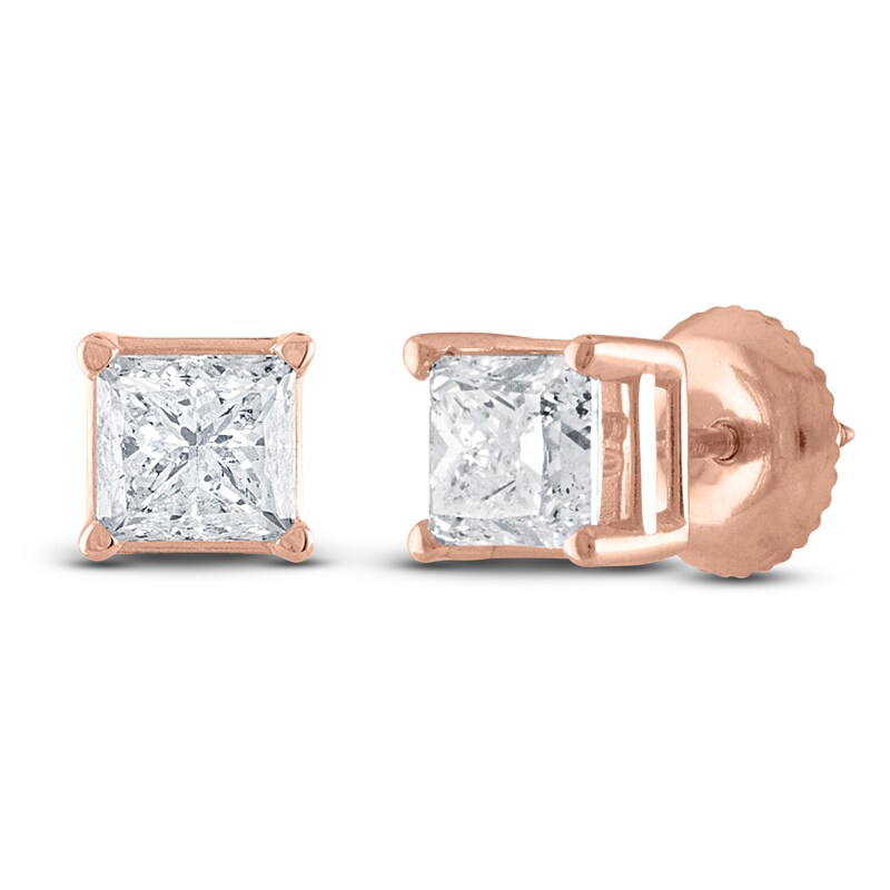 Main Image 2 of Certified Princess-Cut Diamond Solitaire Stud Earrings 3/4 ct tw 14K Rose Gold (I/I1)