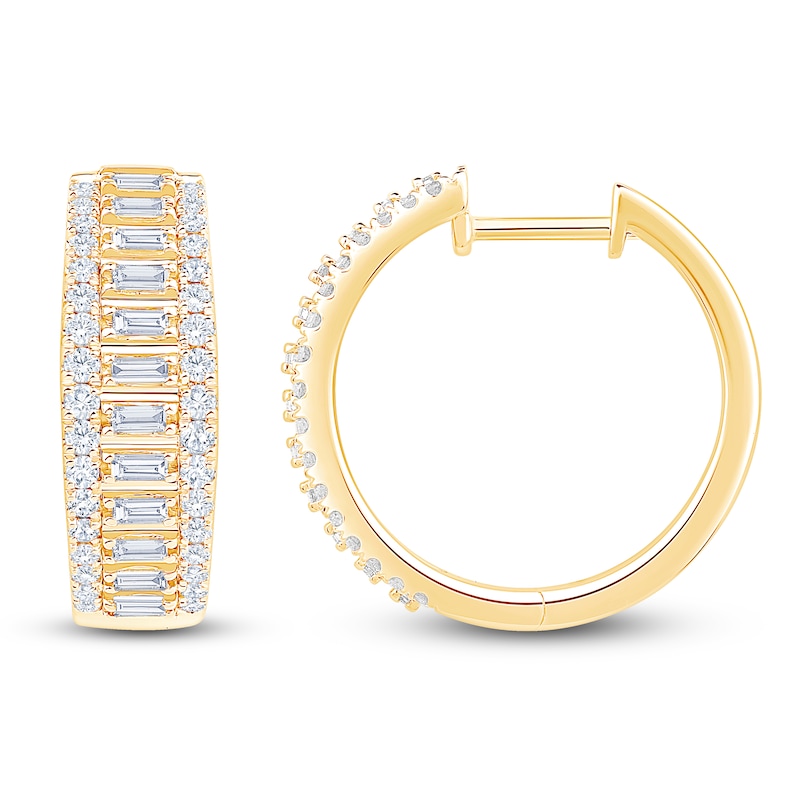 Main Image 1 of Baguette & Round-Cut Diamond Hoop Earrings 1 ct tw 10K Yellow Gold