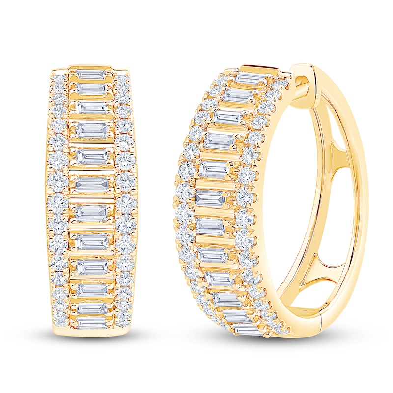Main Image 2 of Baguette & Round-Cut Diamond Hoop Earrings 1 ct tw 10K Yellow Gold