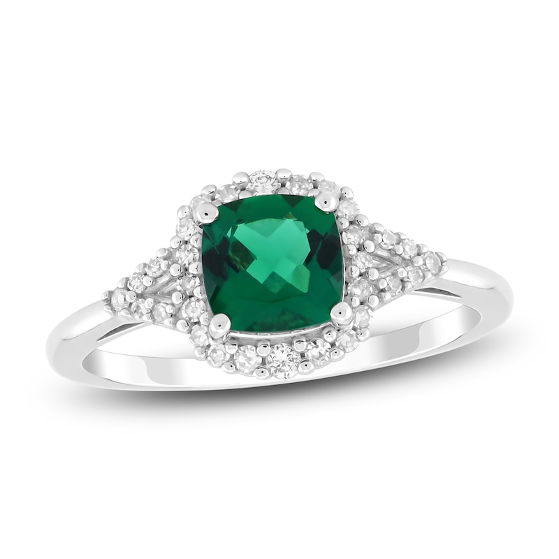 Main Image 1 of Cushion-Cut Lab-Created Emerald & Diamond Ring 1/6 ct tw 10K White Gold