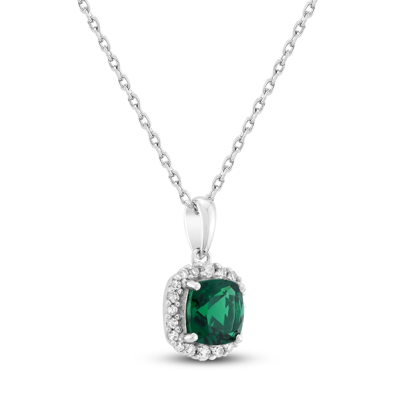 Main Image 2 of Cushion-Cut Lab-Created Emerald & Diamond Necklace 1/8 ct tw 10K White Gold 18"
