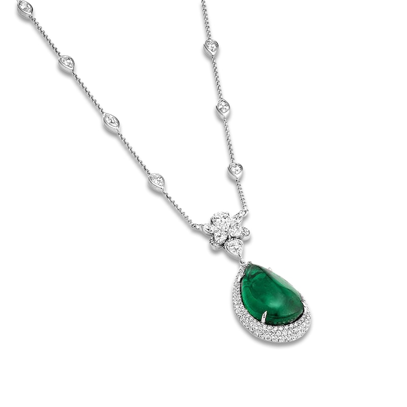 Main Image 1 of Pear-Shaped Natural Emerald & Diamond Necklace 3-1/4 ct tw 18K White Gold