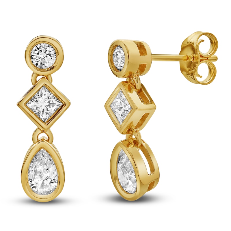 Main Image 2 of Blue Nile X Jared Pear, Princess & Round-Cut Three-Stone Drop Earrings 1 ct tw 14K Yellow Gold