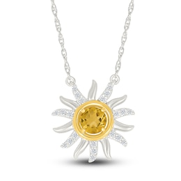 Natural Citrine & White Lab-Created Sapphire Sun Necklace Sterling Silver & 10K Yellow Gold 18"