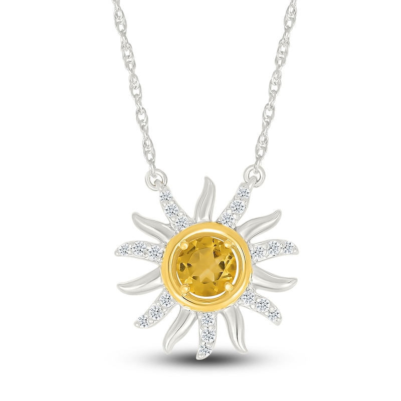 Main Image 1 of Natural Citrine & White Lab-Created Sapphire Sun Necklace Sterling Silver & 10K Yellow Gold 18"