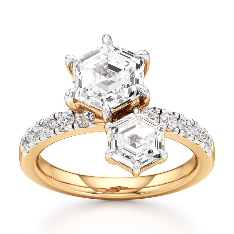 Main Image 1 of J'Lure Hexagon Step-Cut Two-Stone Lab-Grown Diamond Engagement Ring 3-3/8 ct tw 18K Yellow Gold