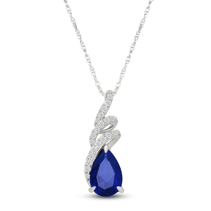 Main Image 1 of Pear-Shaped Blue Lab-Created Sapphire & White Lab-Created Sapphire Ribbon Necklace Sterling Silver 18"