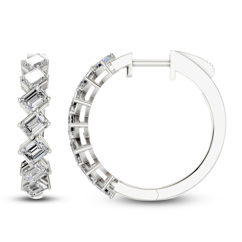 Main Image 1 of Emerald-Cut Lab-Grown Diamond Tilted Hoop Earrings 2 ct tw 14K White Gold