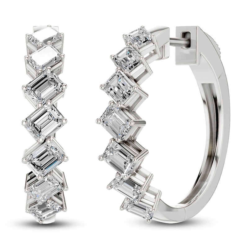 Main Image 2 of Emerald-Cut Lab-Grown Diamond Tilted Hoop Earrings 2 ct tw 14K White Gold