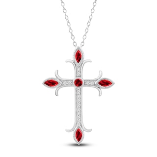 Marquise & Round-Cut Natural Ruby & Diamond Cross Necklace 1/10 ct tw 14K White Gold 18"