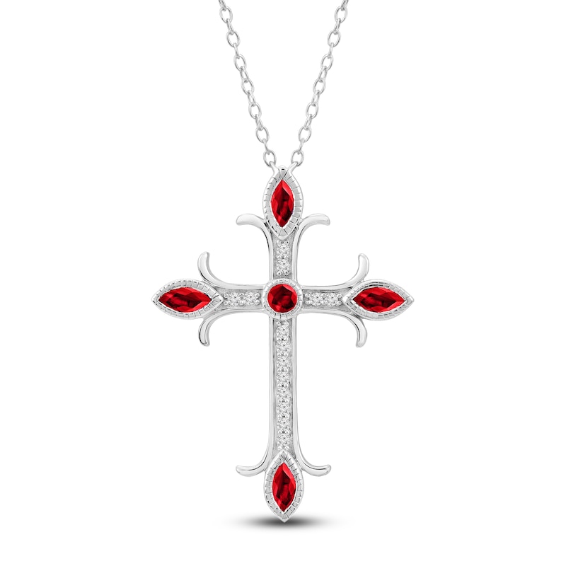 Main Image 1 of Marquise & Round-Cut Natural Ruby & Diamond Cross Necklace 1/10 ct tw 14K White Gold 18"