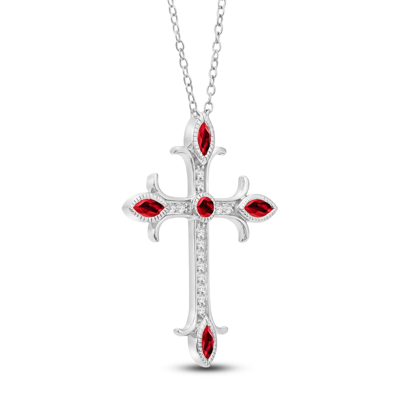 Main Image 2 of Marquise & Round-Cut Natural Ruby & Diamond Cross Necklace 1/10 ct tw 14K White Gold 18"
