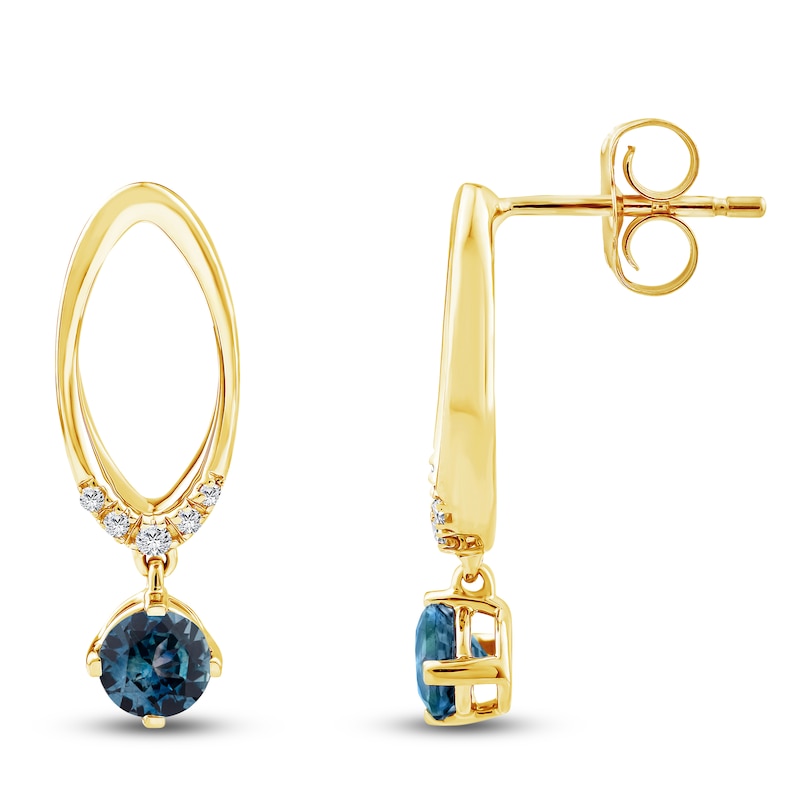 Main Image 2 of Montana Blue Round-Cut Natural Sapphire & Diamond Oval Drop Earrings 1/20 ct tw 14K Yellow Gold