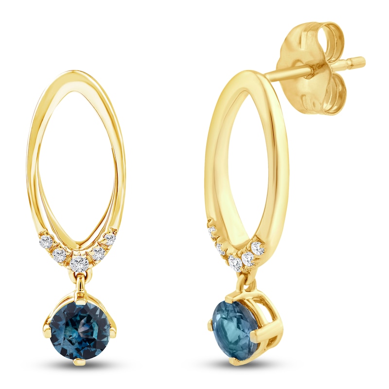 Main Image 3 of Montana Blue Round-Cut Natural Sapphire & Diamond Oval Drop Earrings 1/20 ct tw 14K Yellow Gold