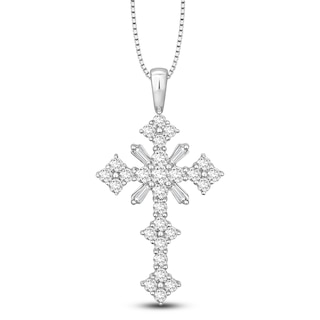 Jared Signature Baguette & Round-Cut Diamond Cross Necklace 1-1/2 ct tw 14K White Gold