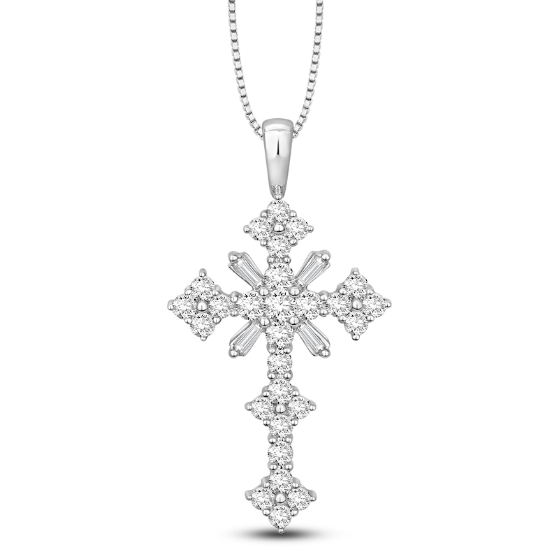 Main Image 1 of Jared Signature Baguette & Round-Cut Diamond Cross Necklace 1-1/2 ct tw 14K White Gold