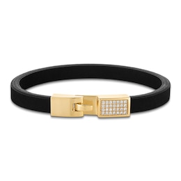 1933 by Esquire Men's Natural White Sapphire & Black Leather Bracelet 14K Yellow Gold-Plated Sterling Silver 8.5"