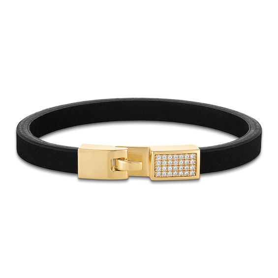 1933 by Esquire Men's Natural White Sapphire & Black Leather Bracelet 14K Yellow Gold-Plated Sterling Silver 8.5"