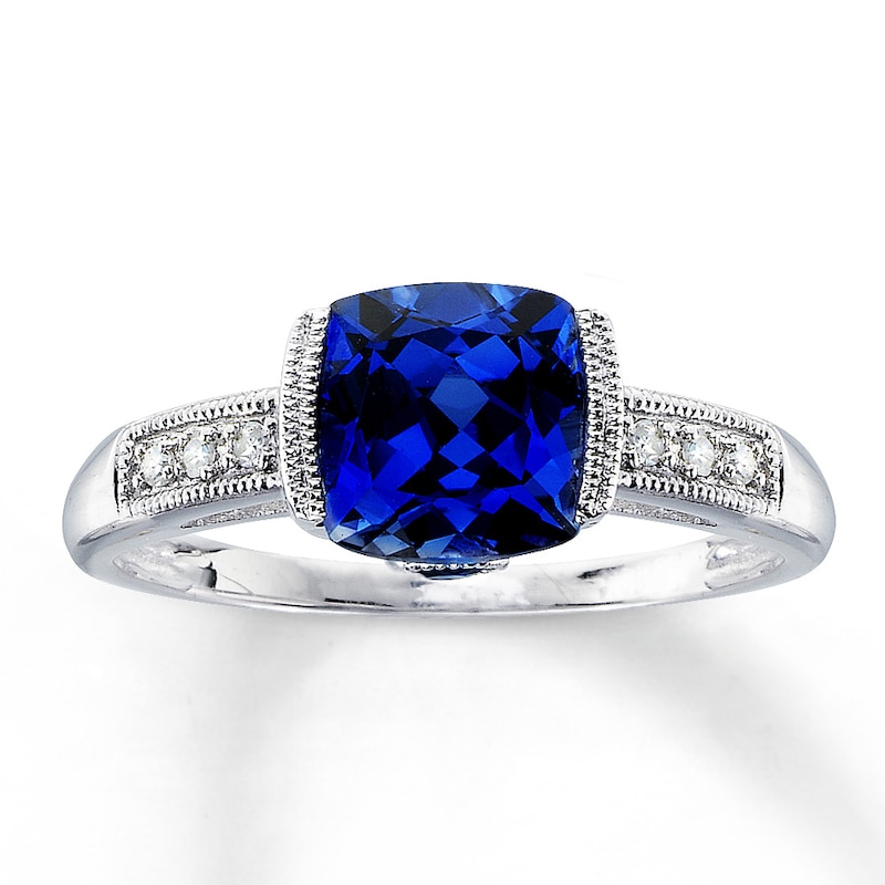 Main Image 1 of Lab-Created Sapphire Ring Cushion- Cut 10K White Gold