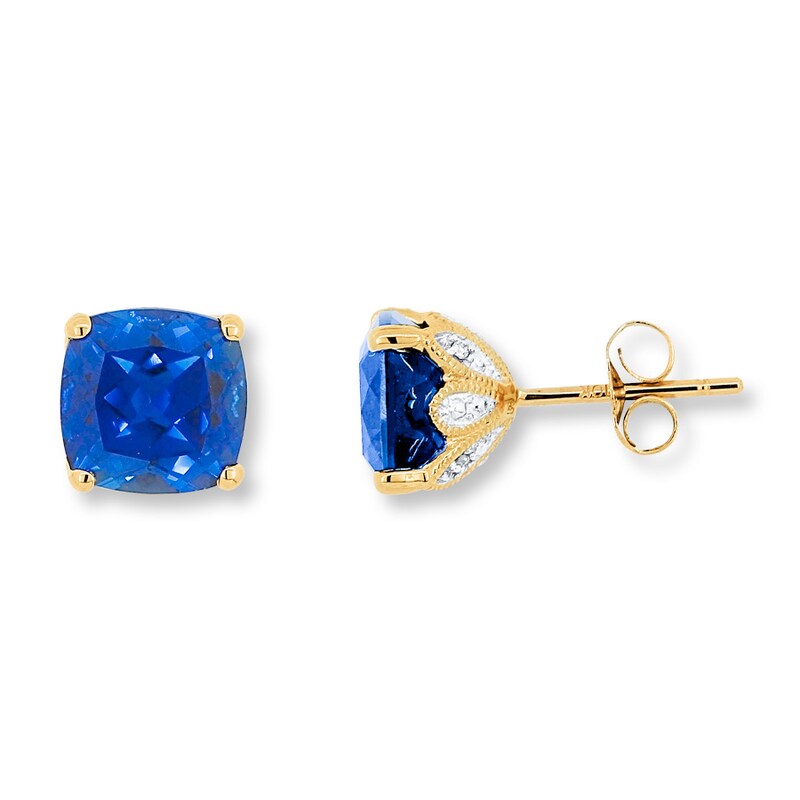 Main Image 1 of Lab-Created Sapphire Earrings Diamond Accents 10K Yellow Gold